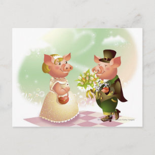 Mannelijk varken geeft bloemen aan een vrouw varke briefkaart