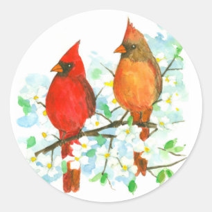 Mannelijk Vrouw Kardinaal Birds Dogwood Tree Ronde Sticker