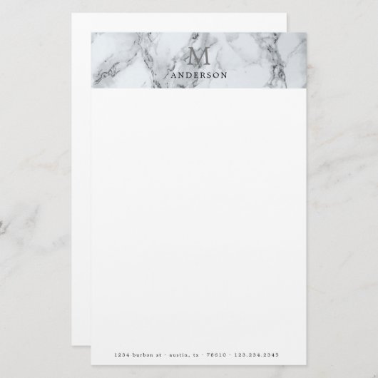 Mannelijk zilver marmer monogram briefpapier (Voorkant / Achterkant)