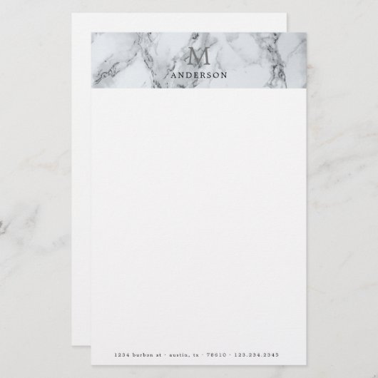 Mannelijk zilver marmer monogram briefpapier (Voorkant / Achterkant)