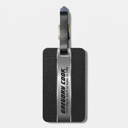 Mannelijk Zwart Faux Leer & Zilver Look 3 Bagagelabel (Achterkant verticaal)