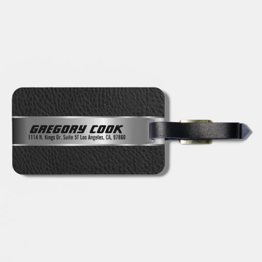 Mannelijk Zwart Faux Leer & Zilver Look 3 Bagagelabel (Achterkant horizontaal)