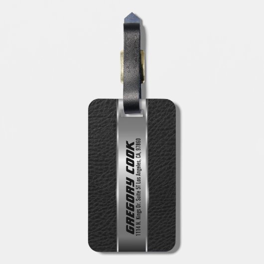 Mannelijk Zwart Faux Leer & Zilver Look 4 Bagagelabel (Achterkant verticaal)