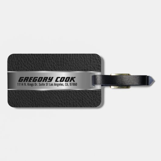 Mannelijk Zwart Faux Leer & Zilver Look 4 Bagagelabel (Achterkant horizontaal)