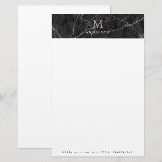 Mannelijk zwart marmeren monogram briefpapier (Voorkant / Achterkant)