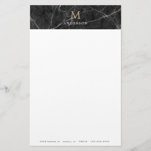 Mannelijk zwart marmeren monogram briefpapier (Voorkant)