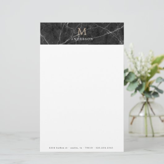 Mannelijk zwart marmeren monogram briefpapier (Staand voorkant)