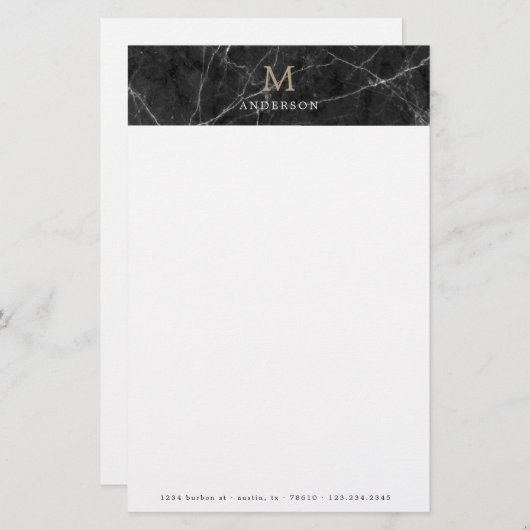 Mannelijk zwart marmeren monogram briefpapier (Voorkant / Achterkant)