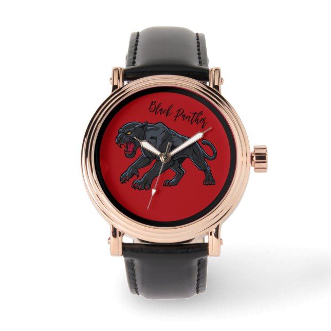 Mannelijk, Zwarte Panter, Rode Achtergrond Horloge (Voorkant)