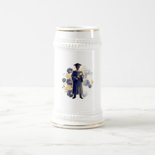 Mannelijke afstudeersilhouet met bloemen bierpul