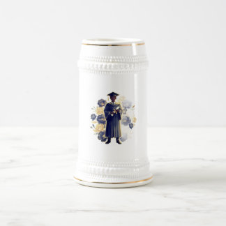 Mannelijke afstudeersilhouet met bloemen bierpul