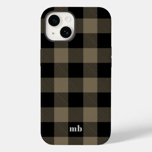 Mannelijke Black Brown Buffalo Plaid Naam Initiale Case-Mate iPhone Case (Achterkant)