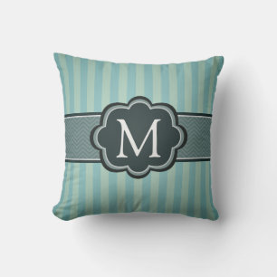 Mannelijke Blauwgroen Blue Stripes Custom Monogram Kussen