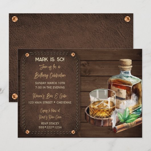 Mannelijke Bourbon Whiskey Sigaren Hout Leder Kaart (Voorkant / Achterkant)