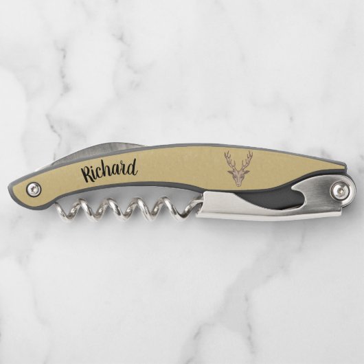 Mannelijke Buck Deer Head Large Antlers Tan Kurkentrekker (Achterkant)