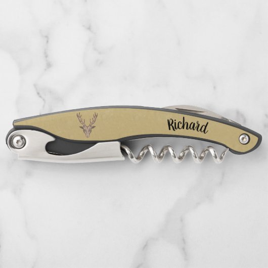 Mannelijke Buck Deer Head Large Antlers Tan Kurkentrekker (Voorkant)