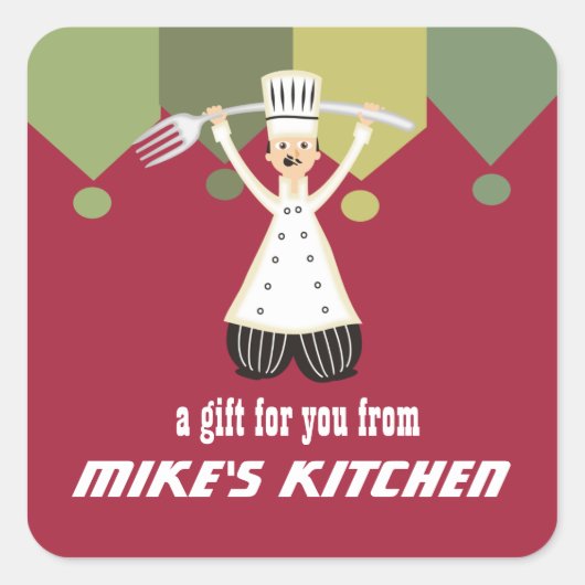 Mannelijke chef-kok pantaloons reuzenvork cadeau l vierkante sticker (Voorkant)