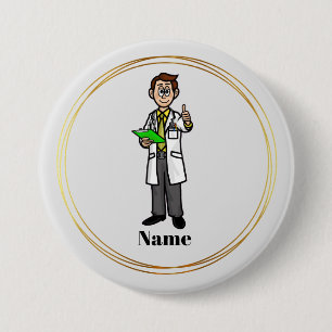 Mannelijke dokter die Thumbs Up Name Button geeft