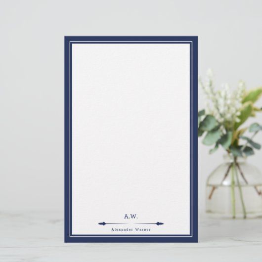 Mannelijke Elegante Marine Blauw Monogrammed Briefpapier (Staand voorkant)