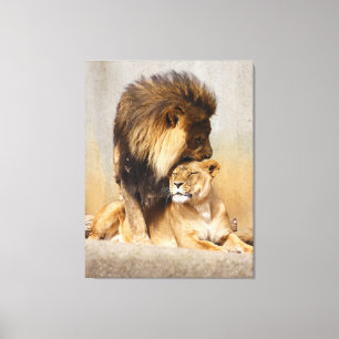 Mannelijke en Vrouw Lion in Love Canvas Afdruk