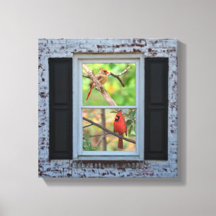 Mannelijke en Vrouwen kardinalen in raam / baksten Canvas Afdruk