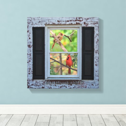 Mannelijke en Vrouwen kardinalen in raam / baksten Canvas Afdruk (Insitu (Houten vloer))