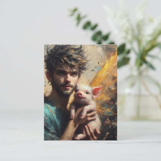 Mannelijke fee met baby varken briefkaart (Staand voorkant)