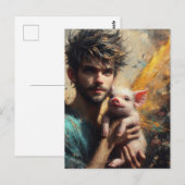 Mannelijke fee met baby varken briefkaart (Voorkant / Achterkant)