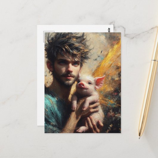 Mannelijke fee met baby varken briefkaart (Voorkant / Achterkant in situ)