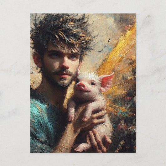 Mannelijke fee met baby varken briefkaart (Voorkant)