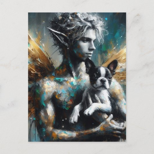 Mannelijke fee met Boston Terrier Puppy Briefkaart (Voorkant)