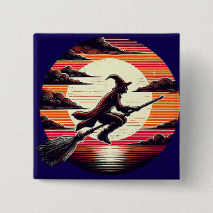 Mannelijke heks rijden Broom in zonsondergang kuns Vierkante Button 5,1 Cm