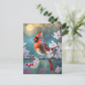 Mannelijke kardinaal in de Moonlight Cherry Blosso Briefkaart (Staand voorkant)
