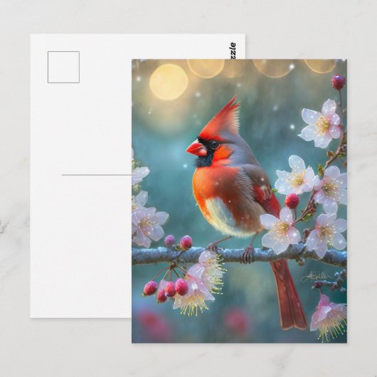 Mannelijke kardinaal in de Moonlight Cherry Blosso Briefkaart (Voorkant / Achterkant)