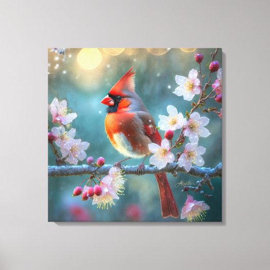Mannelijke kardinaal in de Moonlight Cherry Blosso Canvas Afdruk (Voorkant)