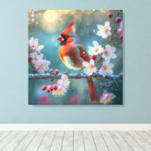 Mannelijke kardinaal in de Moonlight Cherry Blosso Canvas Afdruk (Insitu (Houten vloer))