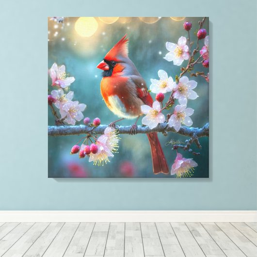 Mannelijke kardinaal in de Moonlight Cherry Blosso Canvas Afdruk (Insitu (Houten vloer))