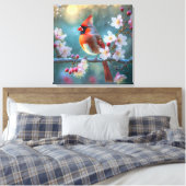 Mannelijke kardinaal in de Moonlight Cherry Blosso Canvas Afdruk (Insitu (Slaapkamer))