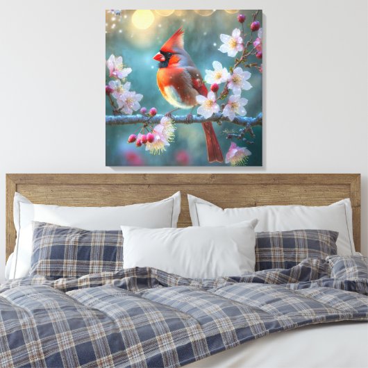 Mannelijke kardinaal in de Moonlight Cherry Blosso Canvas Afdruk (Insitu (Slaapkamer))