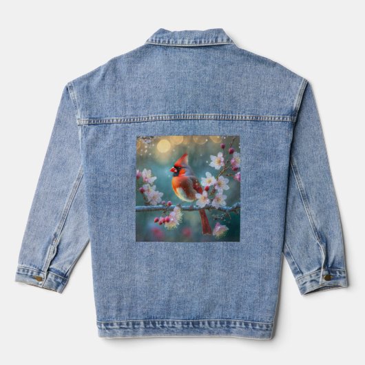 Mannelijke kardinaal in de Moonlight Cherry Blosso Denim Jacket (Achterkant)