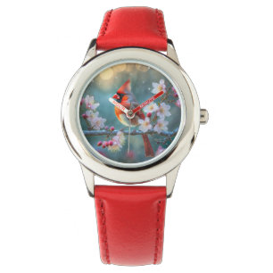 Mannelijke kardinaal in de Moonlight Cherry Blosso Horloge