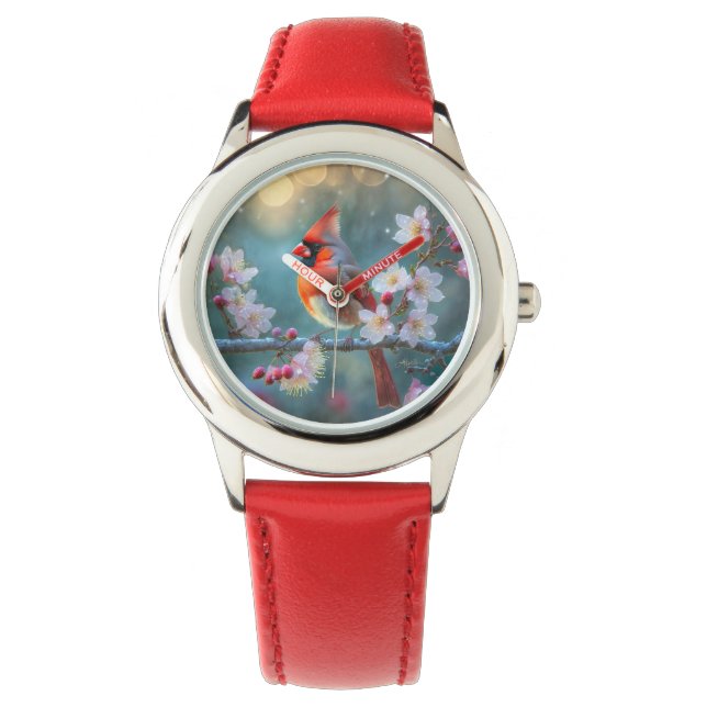 Mannelijke kardinaal in de Moonlight Cherry Blosso Horloge (Voorkant)