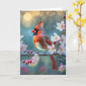 Mannelijke kardinaal in de Moonlight Cherry Blosso Kaart (Gele Bloem)