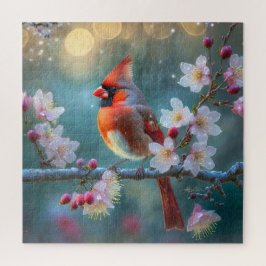 Mannelijke kardinaal in de Moonlight Cherry Blosso Legpuzzel