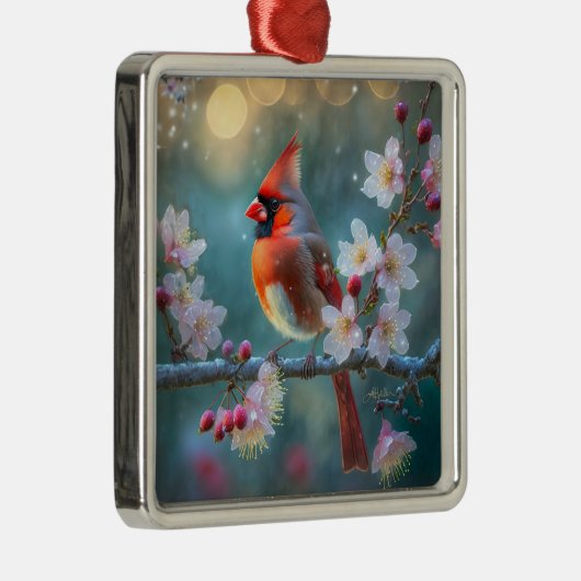 Mannelijke kardinaal in de Moonlight Cherry Blosso Metalen Ornament (Rechts)