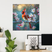 Mannelijke kardinaal in de Moonlight Cherry Blosso Poster (Thuiskantoor)