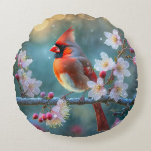 Mannelijke kardinaal in de Moonlight Cherry Blosso Rond Kussen