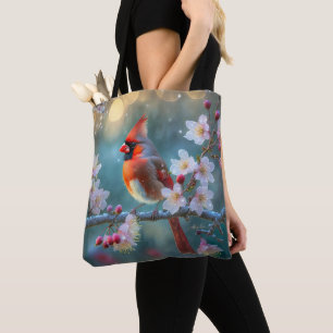Mannelijke kardinaal in de Moonlight Cherry Blosso Tote Bag