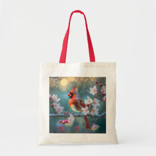 Mannelijke kardinaal in de Moonlight Cherry Blosso Tote Bag