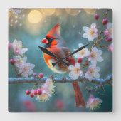 Mannelijke kardinaal in de Moonlight Cherry Blosso Vierkante Klok (Voorkant)